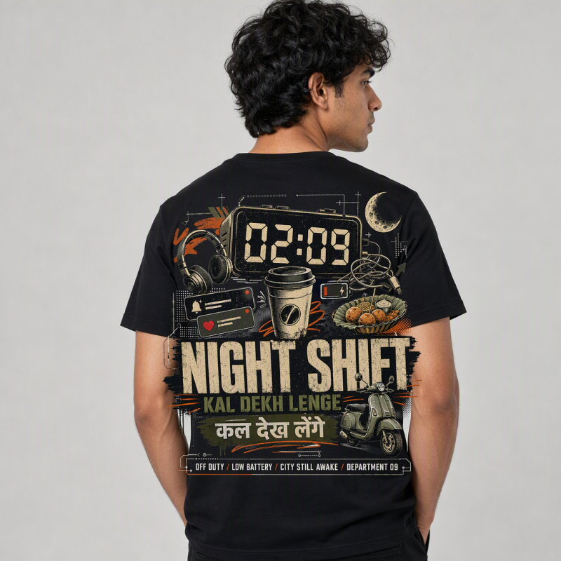 Model shot — DAD-05_Hinglish_Night_Shift_model_back_Black.png