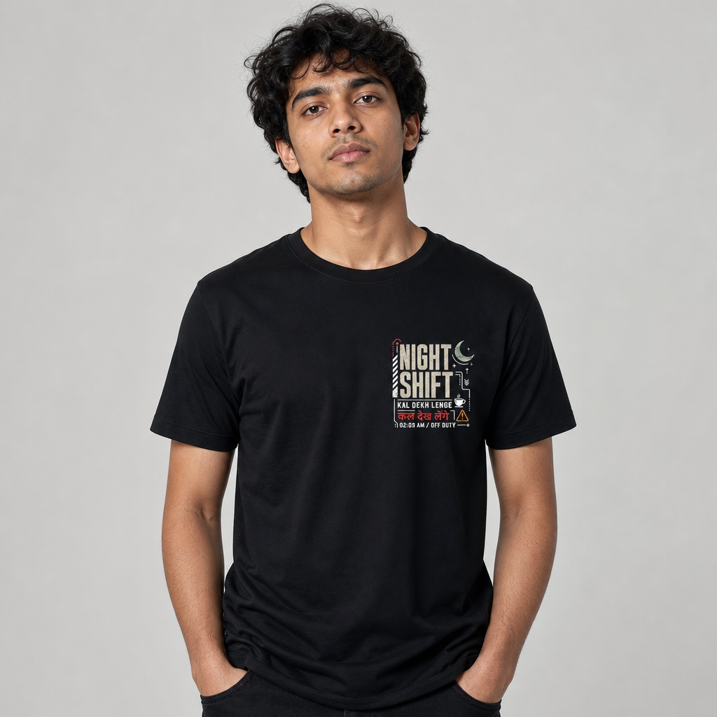 Model shot — DAD-05_Hinglish_Night_Shift_model_front_Black.png